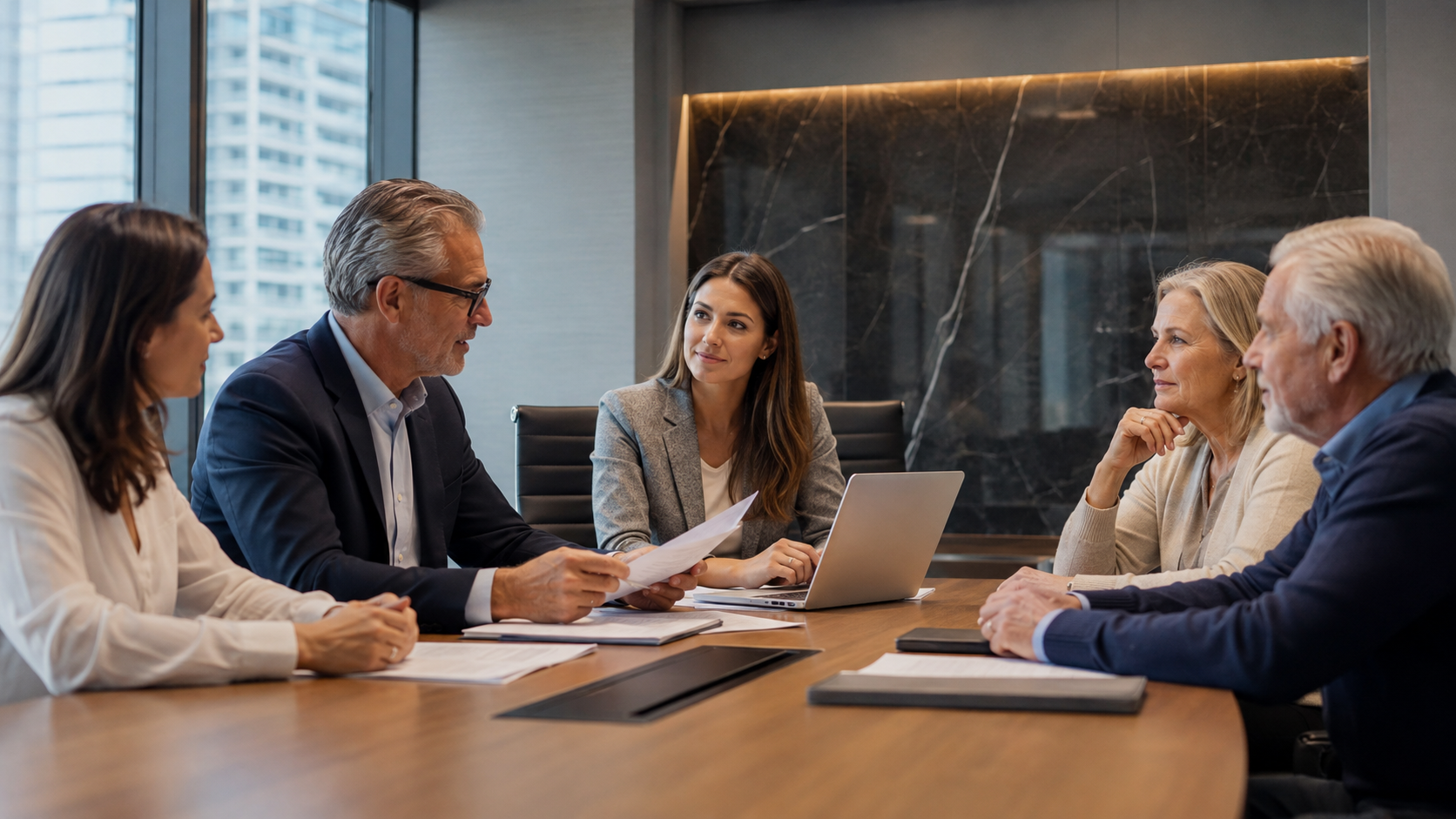 Property manager reviewing plans with construction professionals